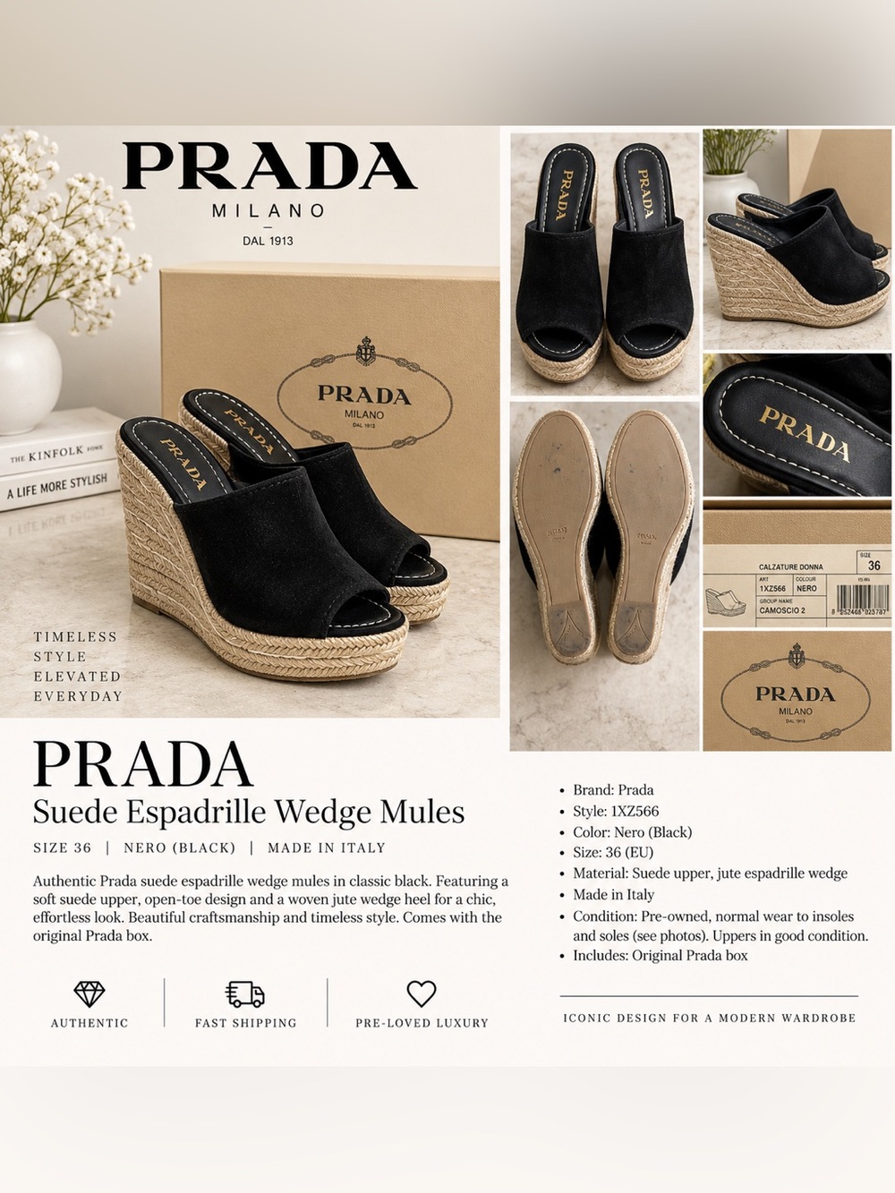 Prada Black Suede Espadrille Wedge Mules